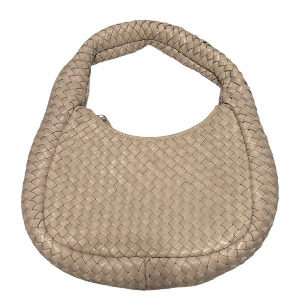 Woven Genuine Soft Braided Leather Luxury Hobo Bag Ivory Cream Shoulder Purse